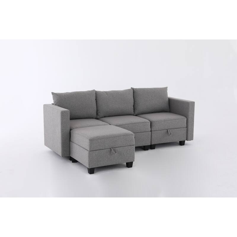 Small Modular L Shaped 3 Seater Convertible Sectional Sofa with Dark Grey Burlap
