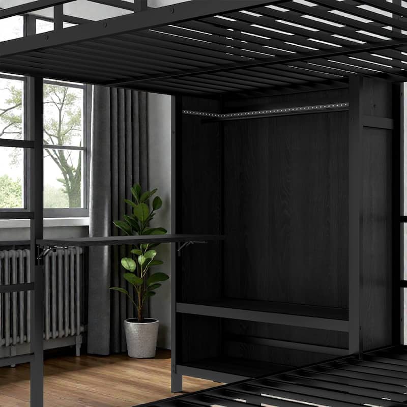 Full XL Over Twin Metal Bunk Bed with Folding Desk and Closet, LED Storage, Space Saving Design