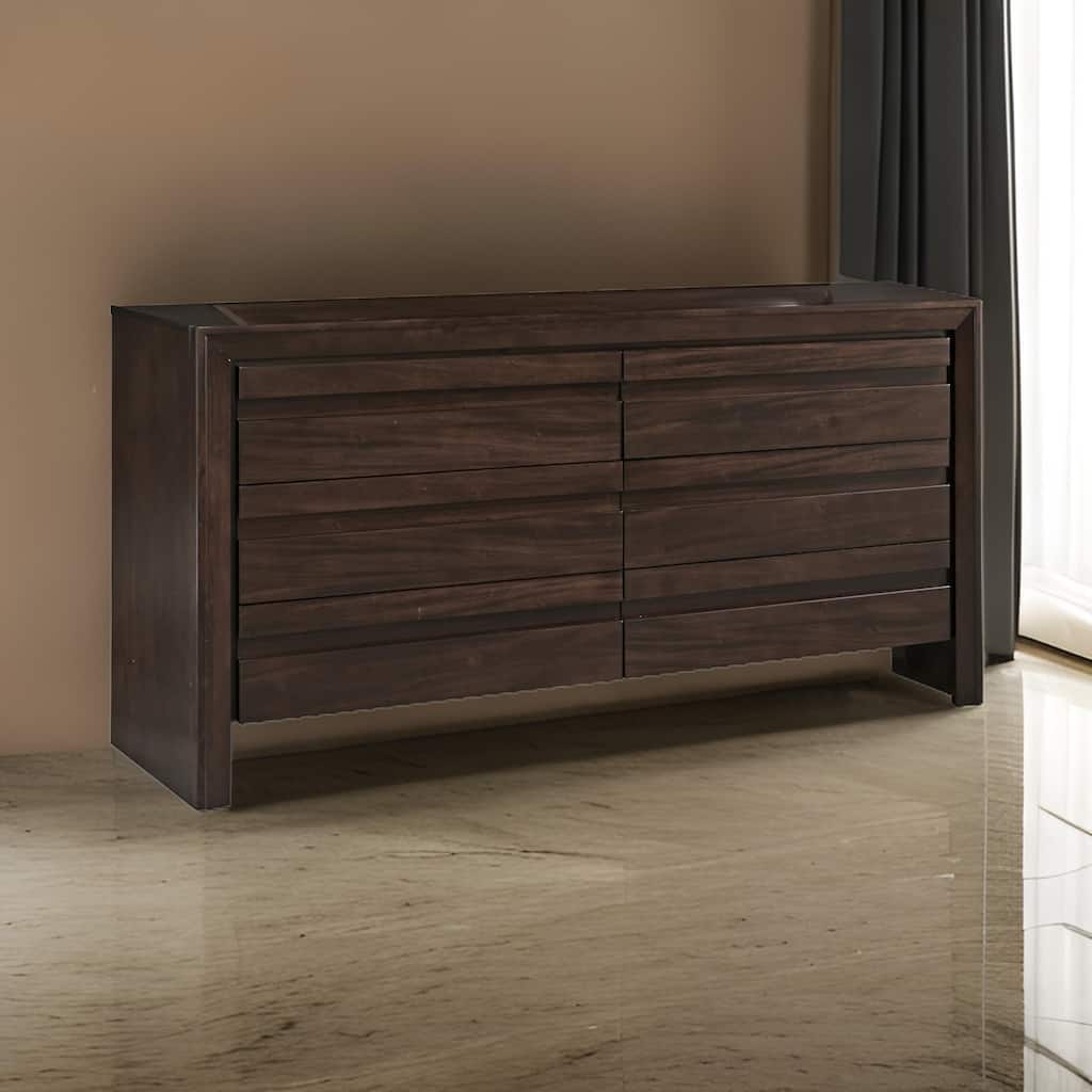 Oxo 64 Inch Dresser, 6 Drawers, Carved Handles, Chocolate Brown Wood.