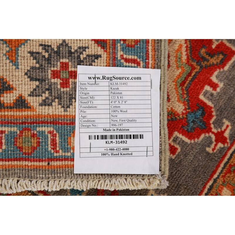 Geometric Grey Kazak Foyer Rug Hand-Knotted Oriental Wool Carpet - 2'8"x 4'0"