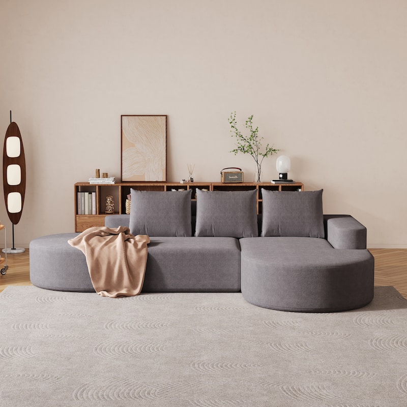 Roomfitters 108.5" Modern Curved Chenille Sectional Sofa, Modular L-Shaped Couch with 3 Pillows - Grey - Right Hand Facing