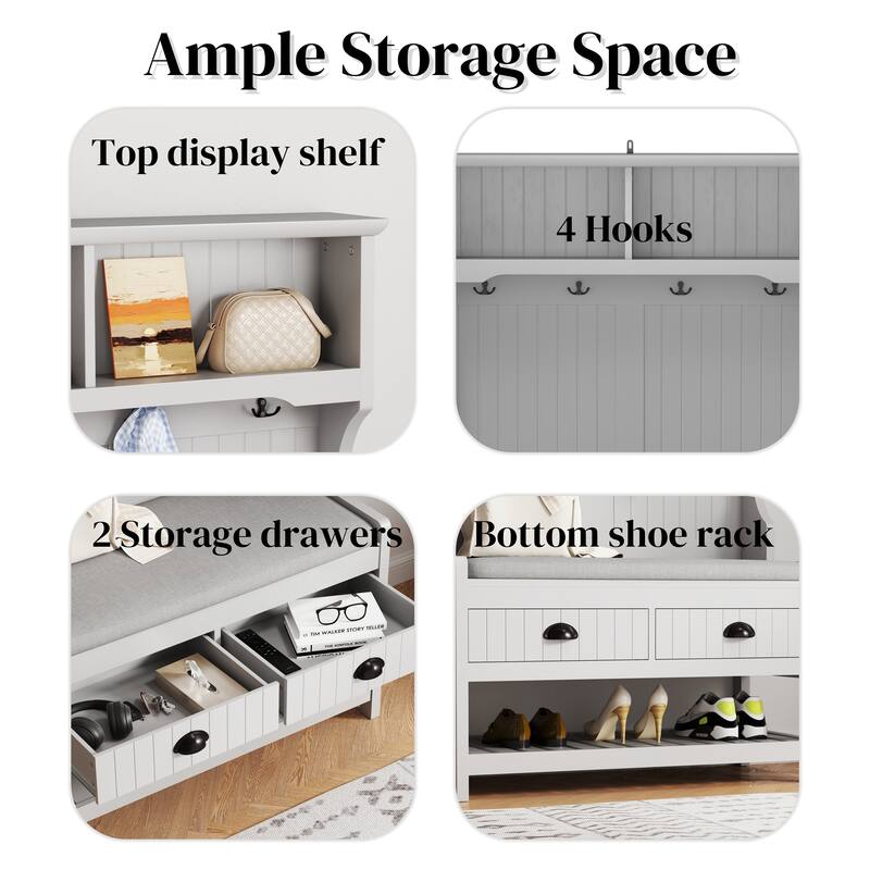 3-in-1 Hallway Hall Tree with 2 Storage Drawer and 4 Coat Rack