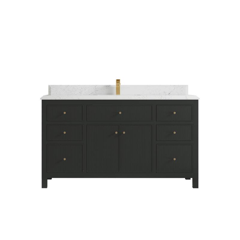 Willow Collections 60 in W x 22 in D Sonoma Free Standing Reeded Single Sink Bathroom Vanity with Countertop - 1.5" Empira White - Black Top