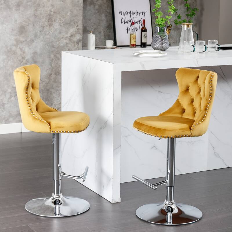 Roomfitters Swivel Velvet Bar Stools Set of 2, Adjustable Height Tufted Counter Chairs with Chrome Base and Nailhead Trim - Gold