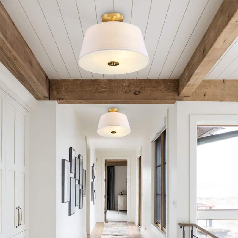 Ava 15" 3-Light Modern Midcentury Iron LED Semi Flush Mount, Brass Gold/White by JONATHAN Y