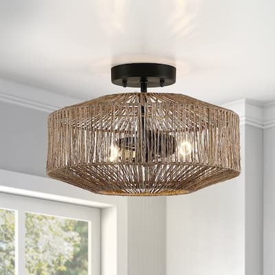Dorn 2-Light Bohemian Jute Rope Semi-Flush Mount - W14"x H10" - 14 in. W