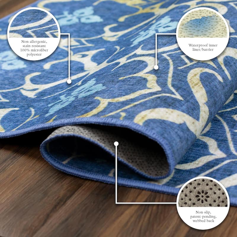 My Magic Carpet Machine Washable Area Rug Leilani Damask Blue