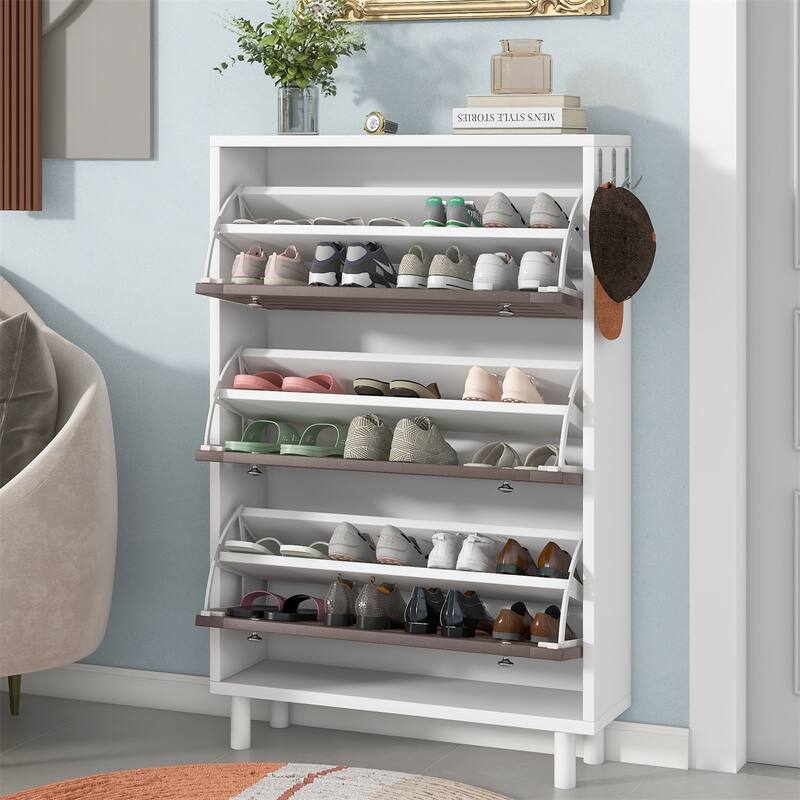 Merax Minimalist Slim Shoe Cabinet with Hanging Hooks, 3 Flip Drawers