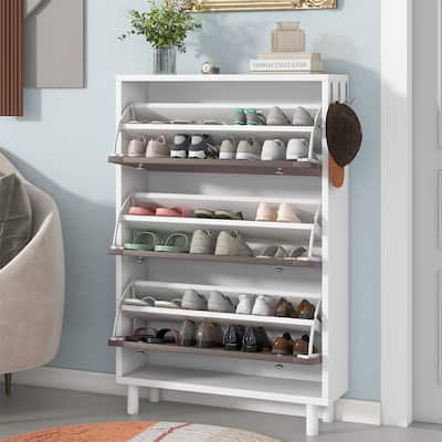 Merax Minimalist Slim Shoe Cabinet with Hanging Hooks, 3 Flip Drawers