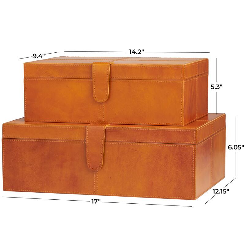 Brown Leather Storage Box with Snap Front Closure and Detailed Stitching (Set of 2)