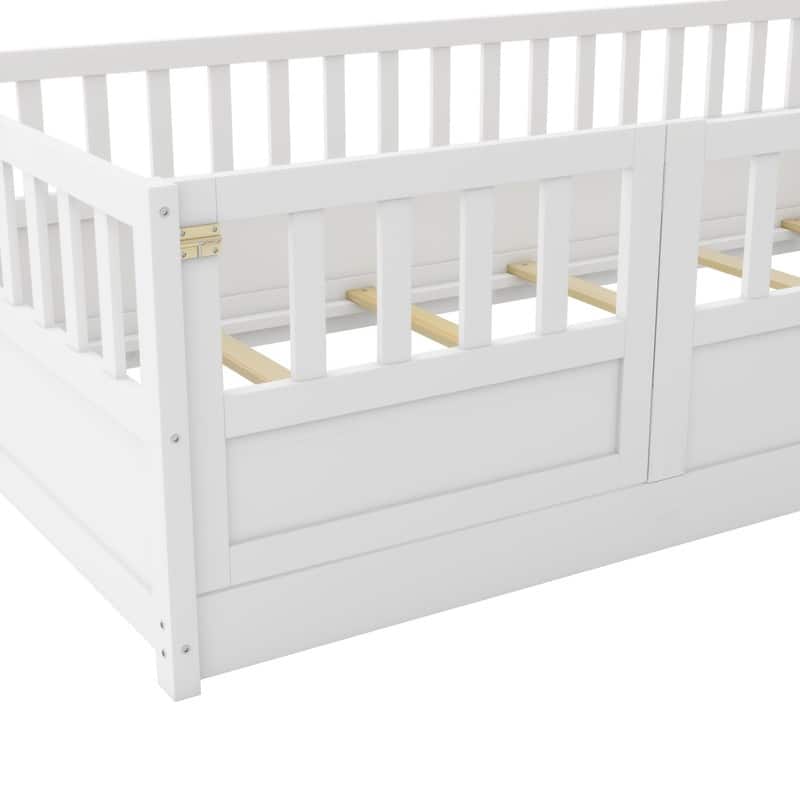 Twin Size Floor Bed with Super High Security Barrier,Door and Support Slat
