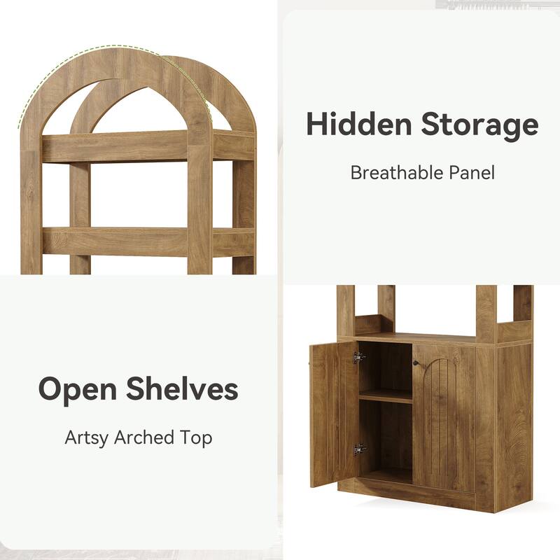 Arched Bookshelf Bookcase with 3-Tier Shelves and a Spacious Cabinet
