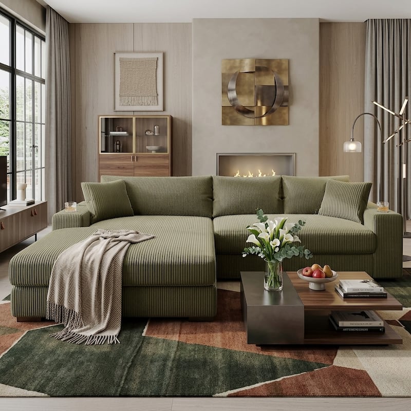 Luxurious Large Sectional Sofa with Thick Cushions, Lounge, Built-in Cup Holders & Charging Ports