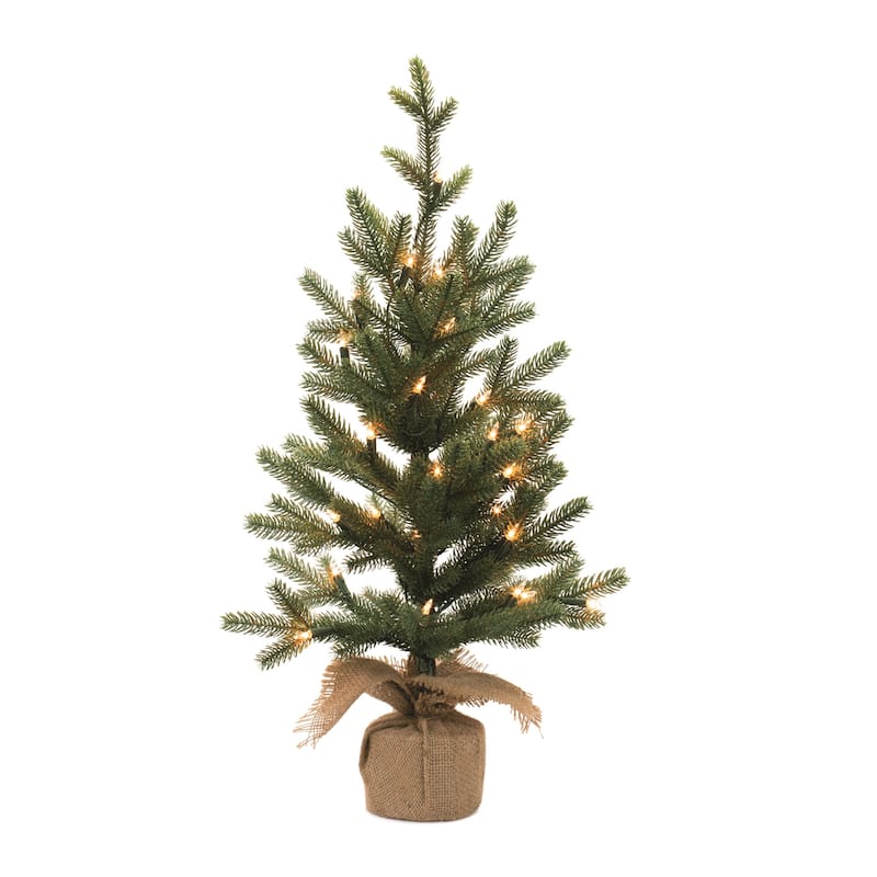 LED Pine Tree with Burlap Base Set of 2 Indoor Holiday Decor - 15” x 15” x 27.25” - Green-Brown