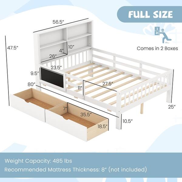 dimension image slide 0 of 2, Twin/Full Size Bed Frame with 2 Drawers and Bookcase for Boys and Girls