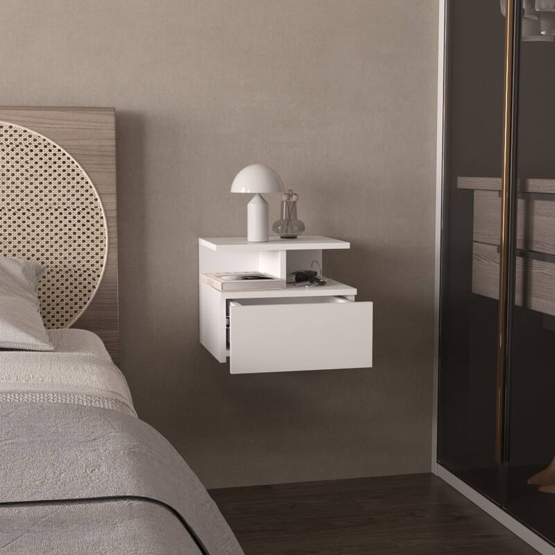 Wall-Mounted 1-Drawer Nightstand with 2-Tier Shelf