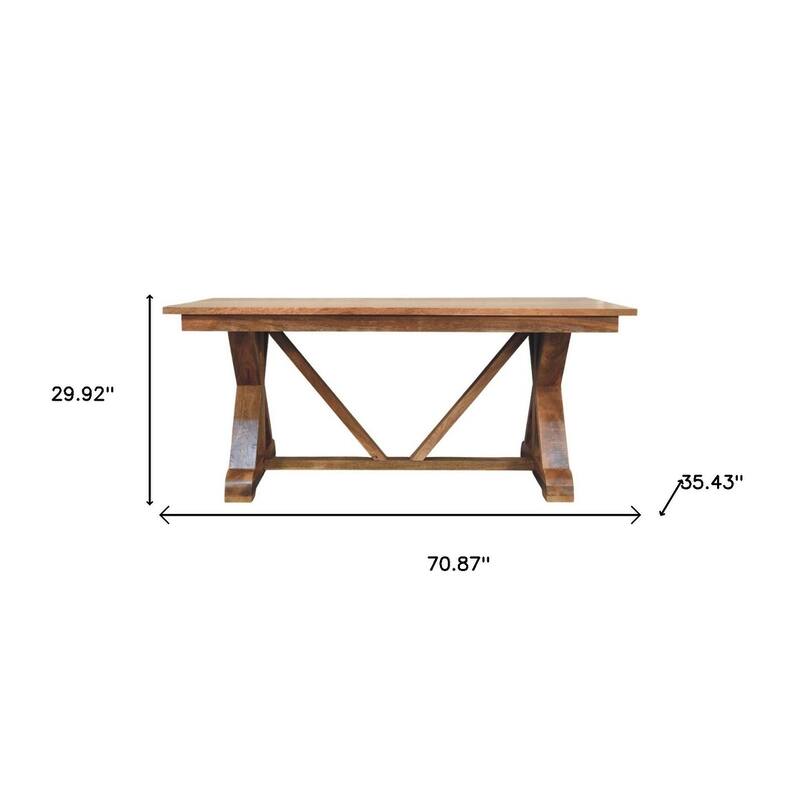 HomeRoots 71" Brown Solid Wood Trestle Base Dining Table - 70.87 in. x 29.92 in. x 35.43 in.