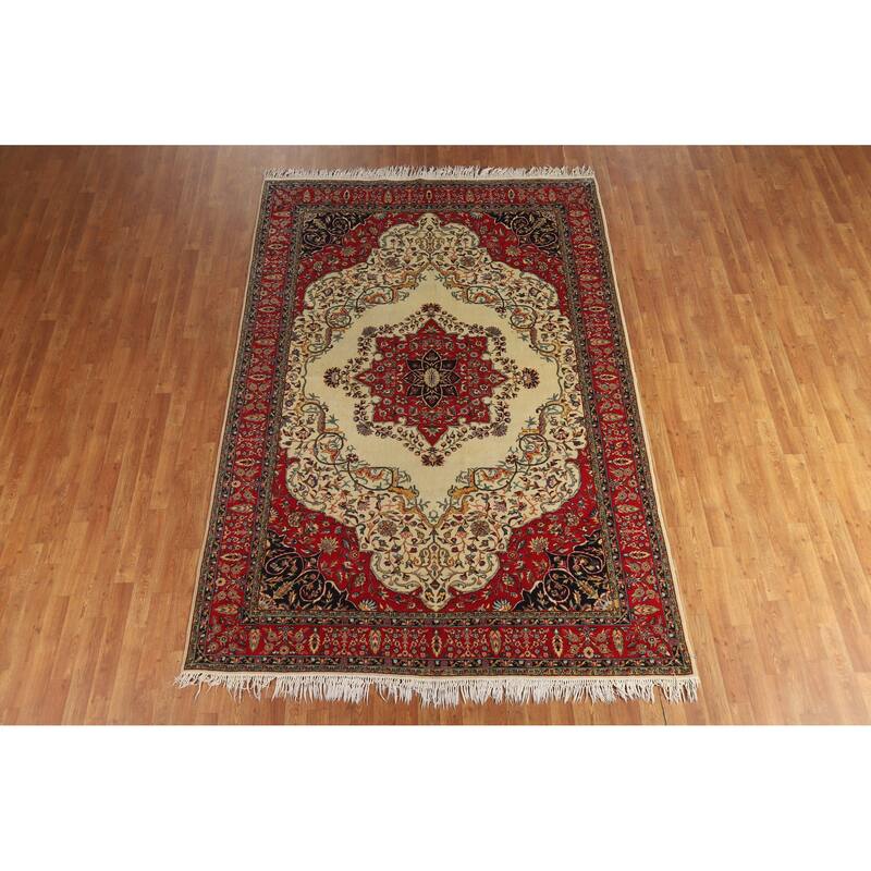 Hand Knotted Oriental 100% Wool Carpet Traditional Floral Beige & Ivories Tabriz Area Rug - 9' 10'' X 6' 5''