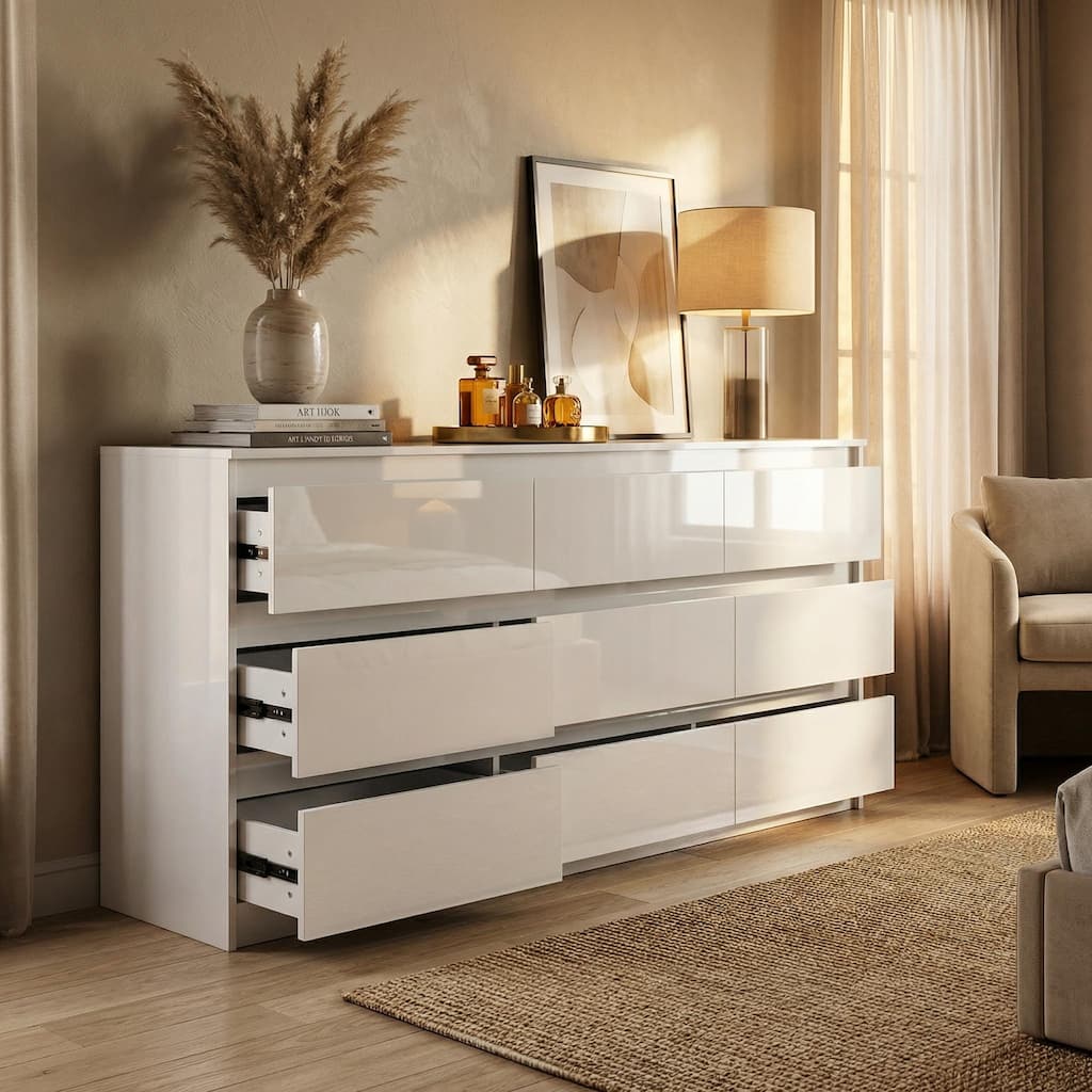 63" White High Gloss Dresser with 9 Drawers, Modern Bedroom Storage Cabinet  with PET Finish, Long Double Dresser - Overstock - 44042619