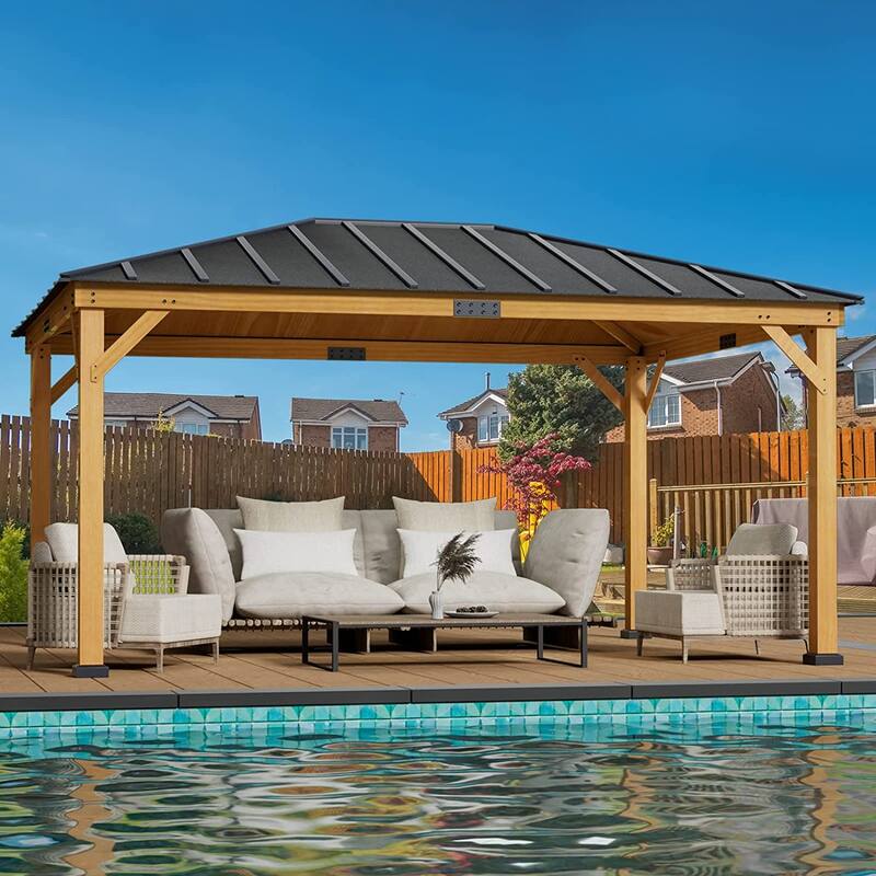 Hardtop Wood Gazebo for Patio, Outdoor Cedar/Spruce Pergola with Metal or Asphalt Roof, All-Weather Backyard Shelter - 12'x16' - Asphalt Roof