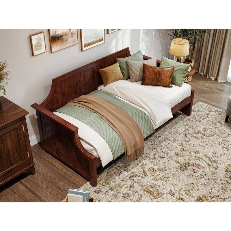 Twin Daybed with Wood Frame - Walnut Finish, Curved Backboard, Day Bed for Living Room or Guest Room