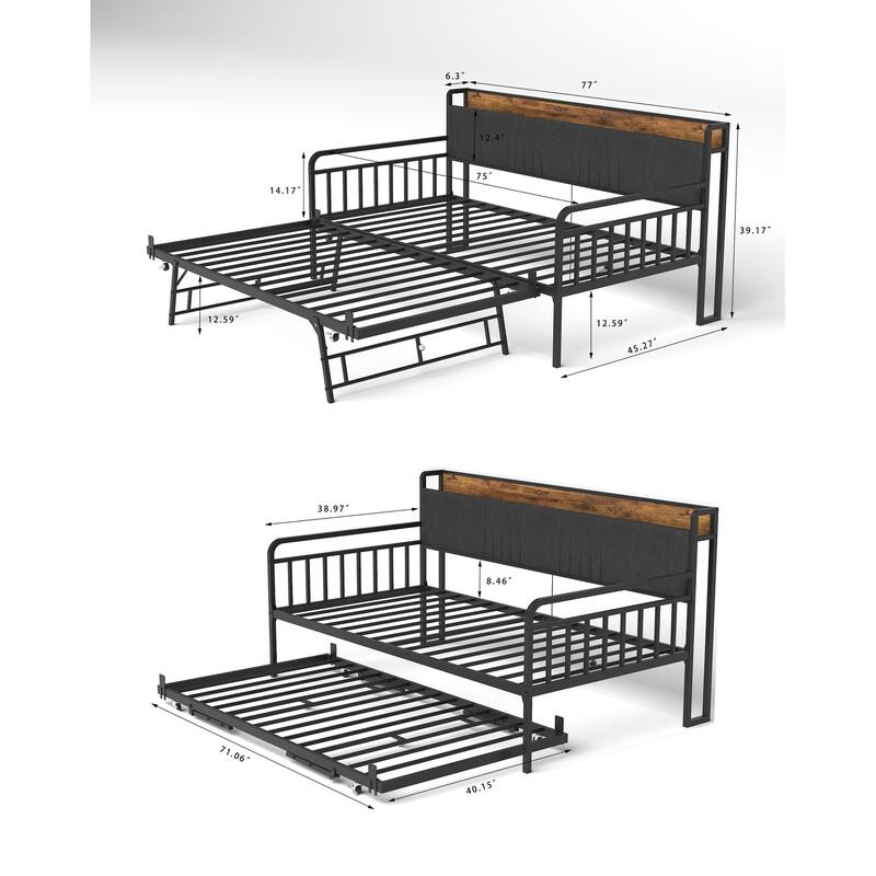 Twin Daybed with Trundle, Upholstered Headboard, Charging Station, RGB Lighting, and Lockable Casters