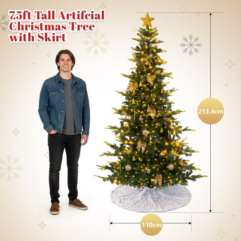 7.5 FT Artificial Christmas Tree with 400 Warm White LED Lights and Gold Ornaments