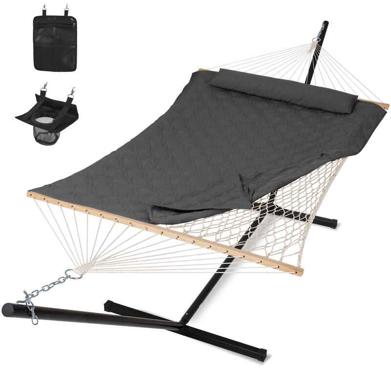 Rope Hammock with Detachable Pillow and Pad, 12FT Steel Stand Included - Dark Gray Drops