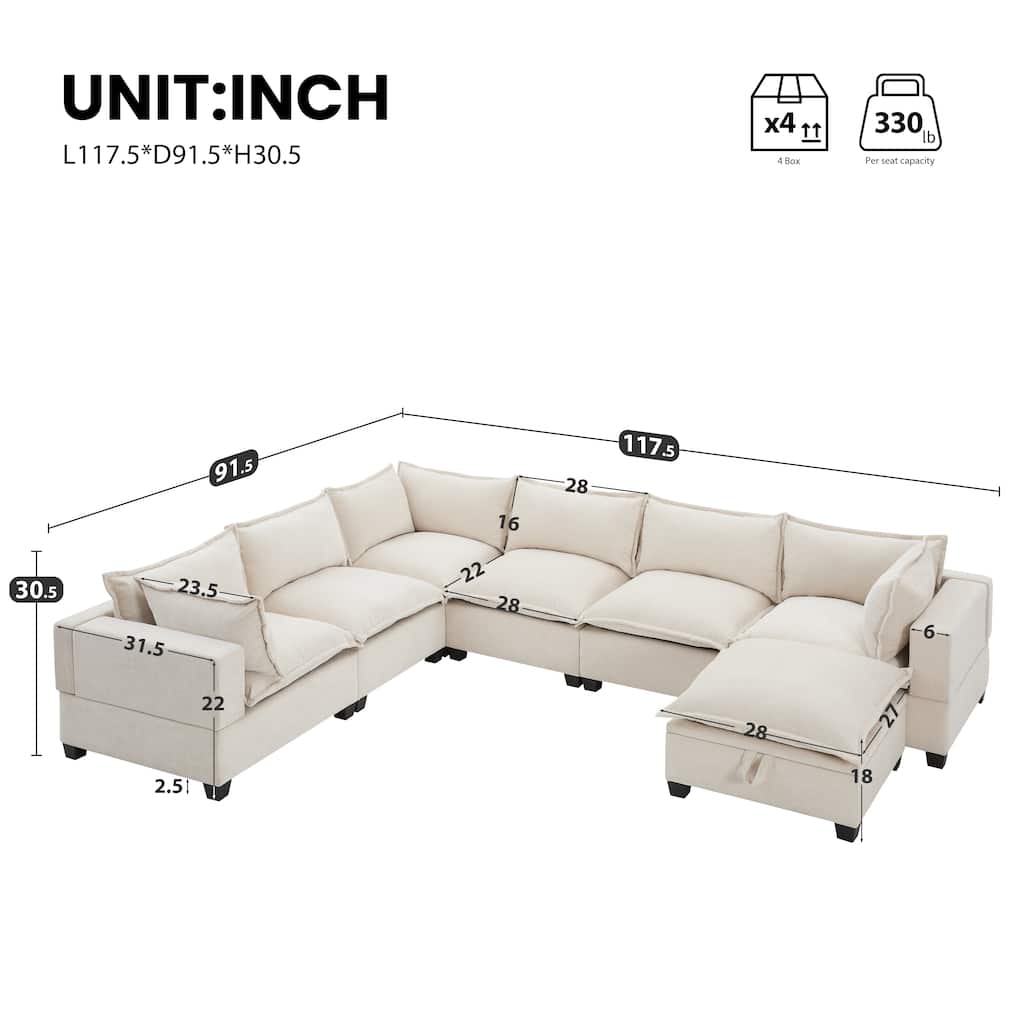 U Shaped Modular Sectional Sofa with Movable Storage Ottoman, Comfy Chenille Deep Seat Cloud Couch, Oversized 7 Seat Corner Sofa