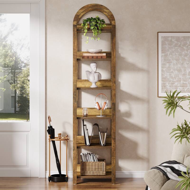 6-Tier Narrow Bookshelf, 71" Tall Arched Bookcase with Shelves - Brown