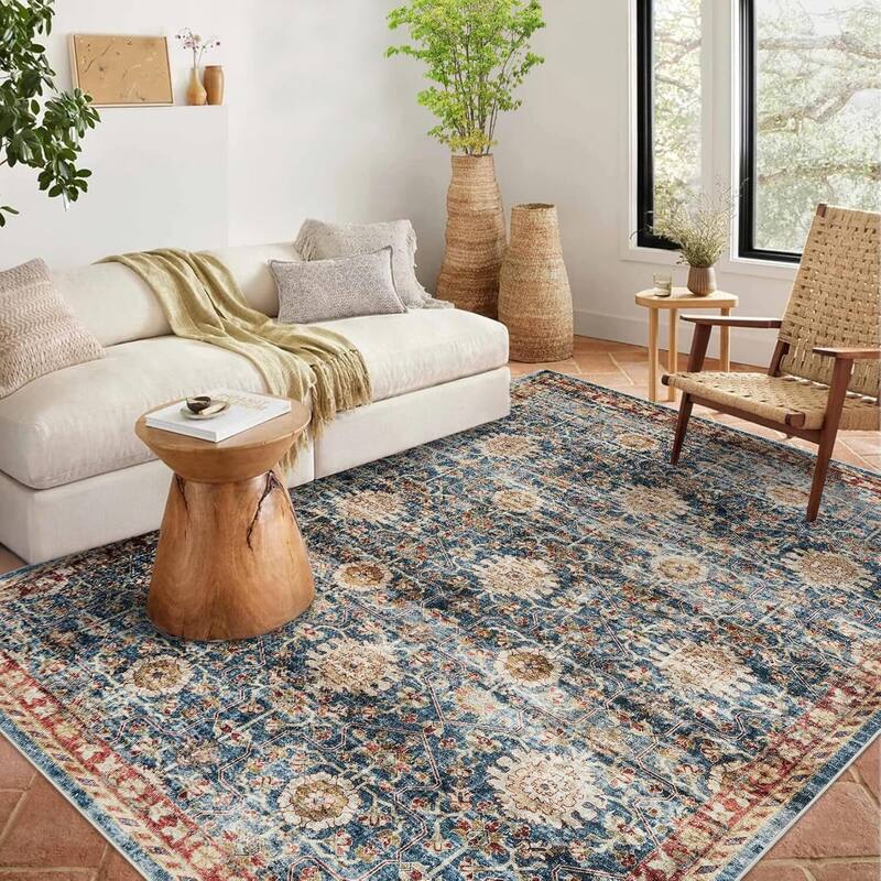 Vintage Boho Washbale Floor Cover Area Rug for Bedroom, Living Room, Dark Blue - 1'6" x 2'6" - Blue 10' x 13'