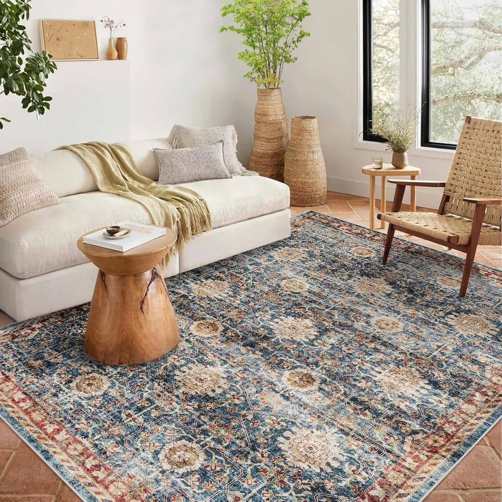 Vintage Boho Washbale Floor Cover Area Rug for Bedroom, Living Room, Dark Blue - 1'6" x 2'6"