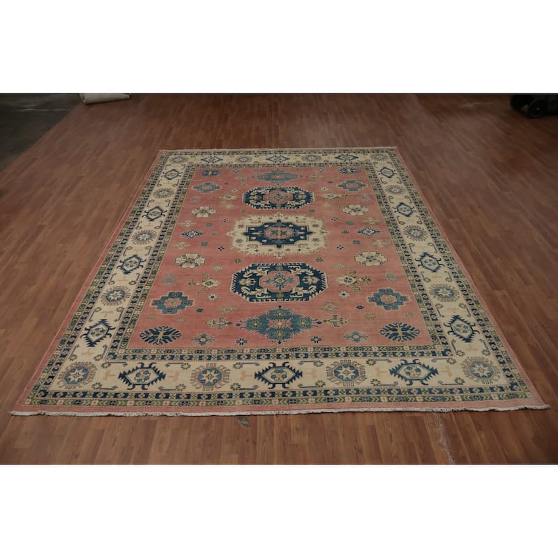 Hand Knotted Oriental 100% Wool Carpet Traditional Geometric Pink Kazak Area Rug - 11' 10'' X 9' 0''