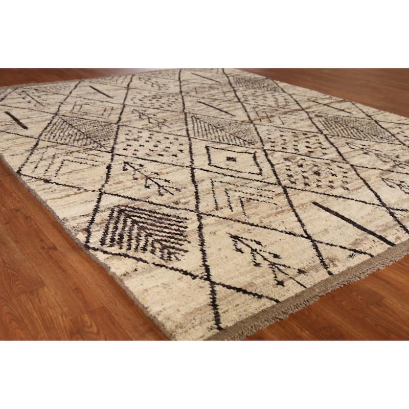 Geometric / Modern Moroccan Oriental Rug Handmade Beige Wool Carpet - 6'1" x 7'7" - 6'1" x 7'7" - Ivory/Beige