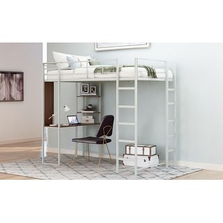 Silver Twin Metal Loft Bed with 2 Shelves and one Desk