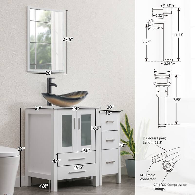 36" White Bathroom Vanity Sink Set with Side Cabinet Vessel Sink Faucet Combo