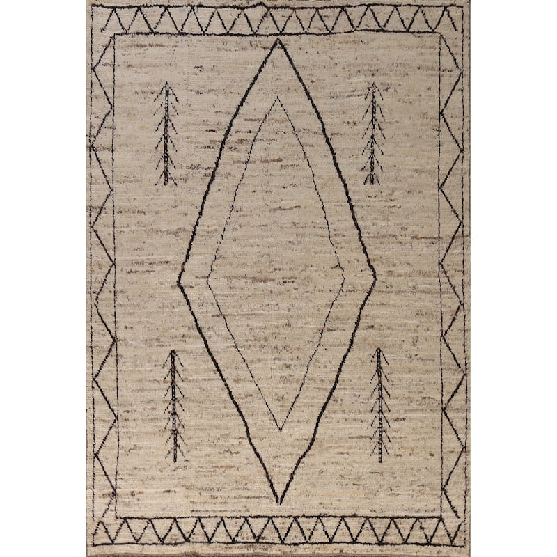 Geometric Grey Moroccan Oriental Area Rug Hand-Knotted Wool Carpet - 6'11" x 9'7"