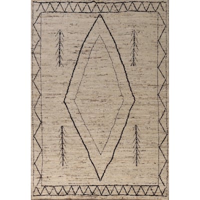 Geometric Grey Moroccan Oriental Area Rug Hand-Knotted Wool Carpet - 6'11" x 9'7"