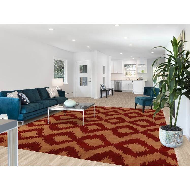 Hand Knotted Oriental 100% Wool Carpet Modern Geometric Oranges & Rust Moroccan Area Rug - 11' 8'' X 8' 10''