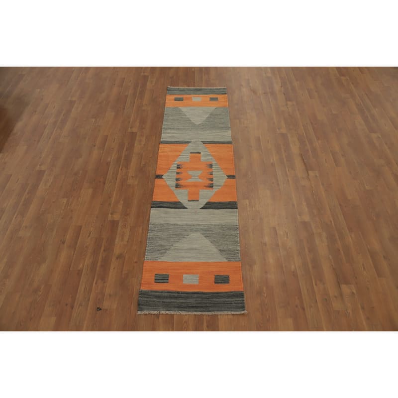 Hand Woven Oriental 100% Wool Carpet Southwestern Modern Greys & Charcoal Kilim Runner Rug - 7' 10'' X 2' 0''