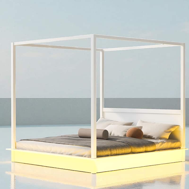 Queen/King White Wood Canopy Platform Bed with LED Lights and Slats, Modern Bedroom Frame No Box Spring Needed
