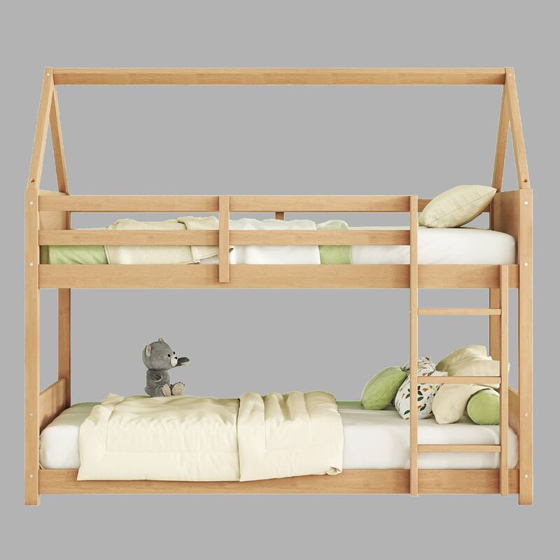Wooden House-Shaped Bunk Bed for Kids, Twin Over Twin with Headboards, Ladder & Safety Guardrails - White Oak - Twin