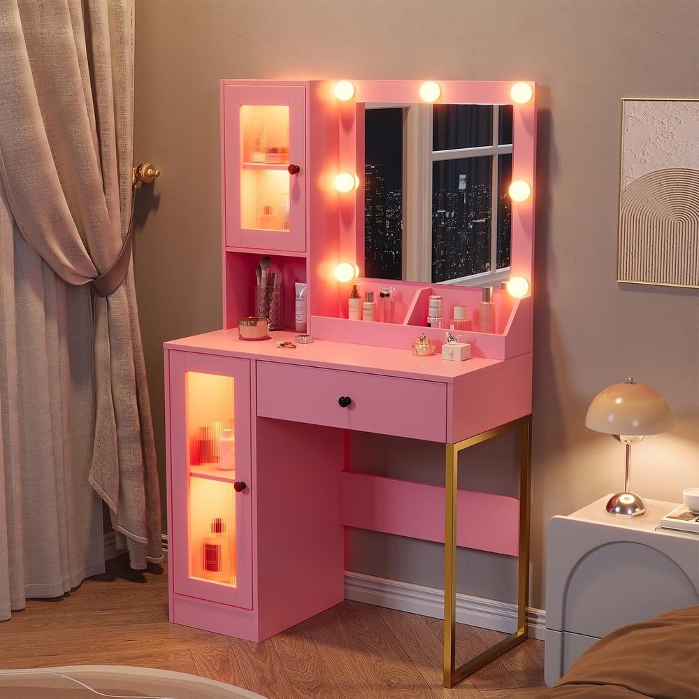 Vanity Desk, Makeup Dressing Table with LED Lights, Mirror, Built-in Outlets & USB Ports