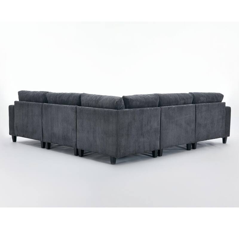 Oversized Modular Sectional Sofa Set, L Shaped, Corduroy Upholstered, 5 Seat, Gray