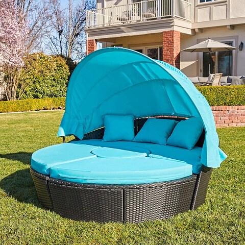 Patio Wicker Rattan Round Sectional Sofa Daybed with Canopy