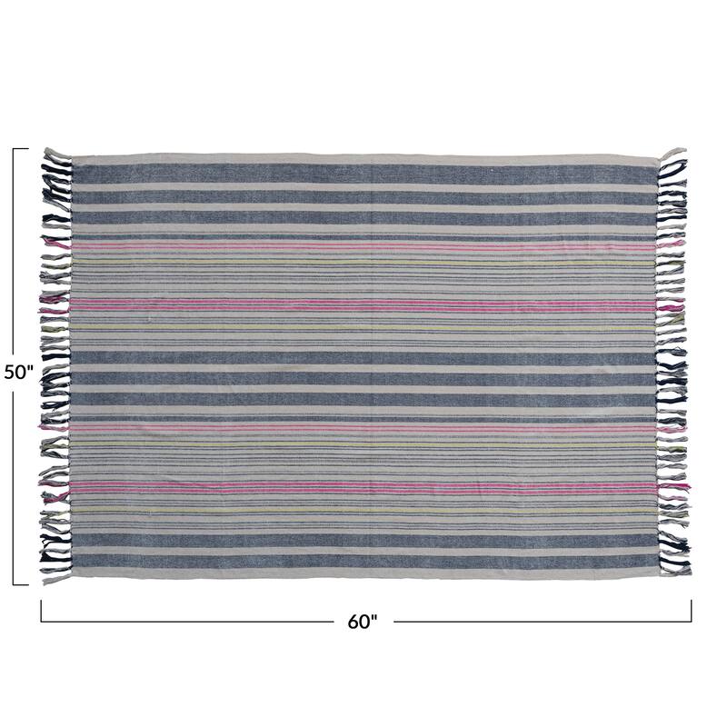 Cotton Blend Throw Blanket with Stripes and Fringe