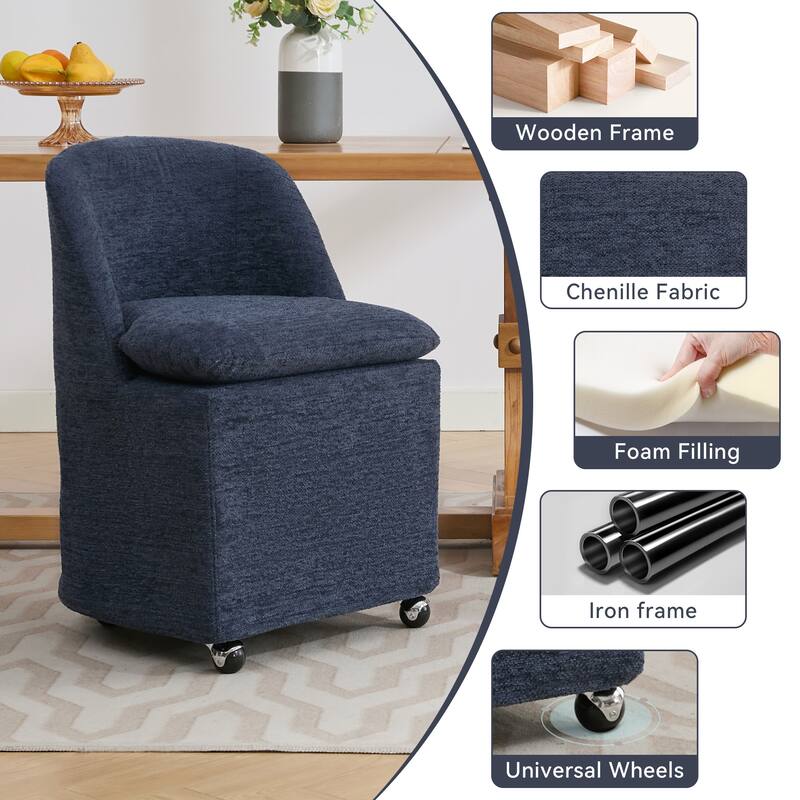 2PCS Soft Chenille Upholstered Dining Chairs, 360° Revolving with Wheels, Modern Design