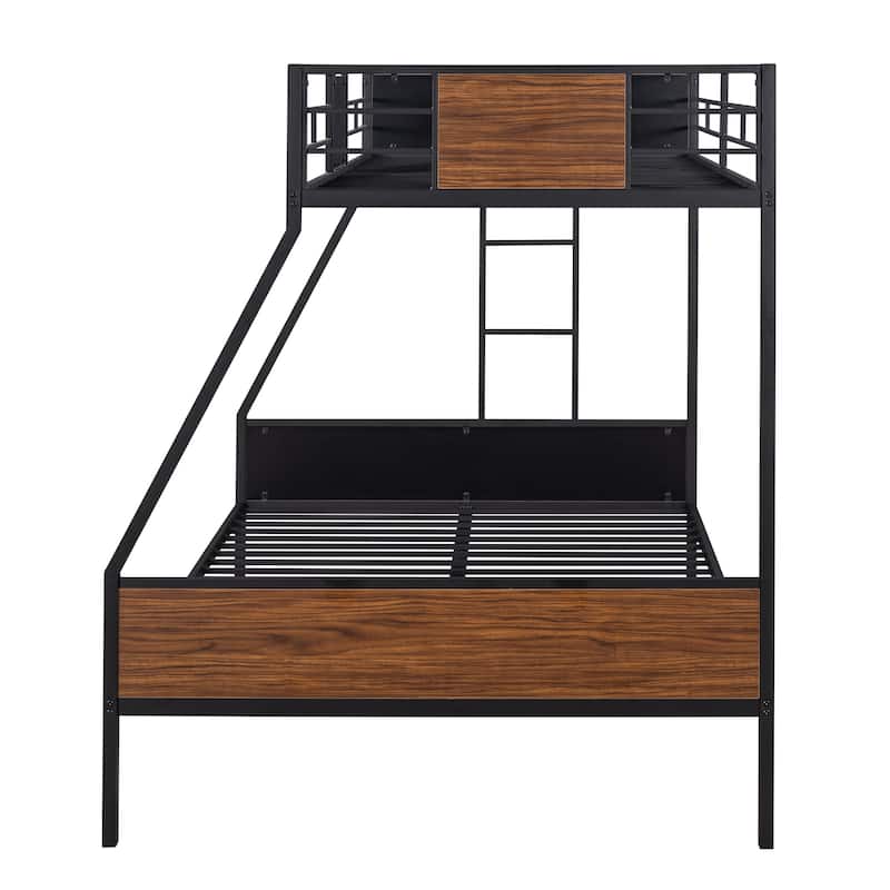 Twin over Full Metal Bunk Bed with Safety Rail and Built-in Ladder
