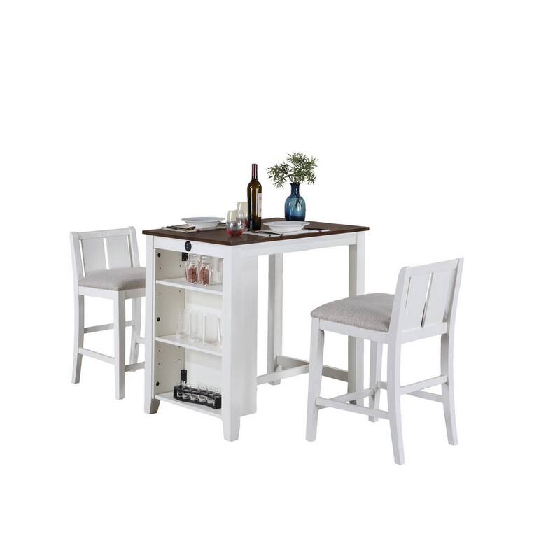 Ham 3 Piece Counter Height Compact Dining Table, Chair Set, White Wood