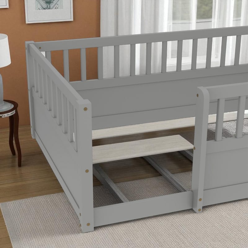 Twin/Full Montessori Floor Bed with High Fence & Open Door, Solid Pine, Playroom/Bedroom, No Box Spring
